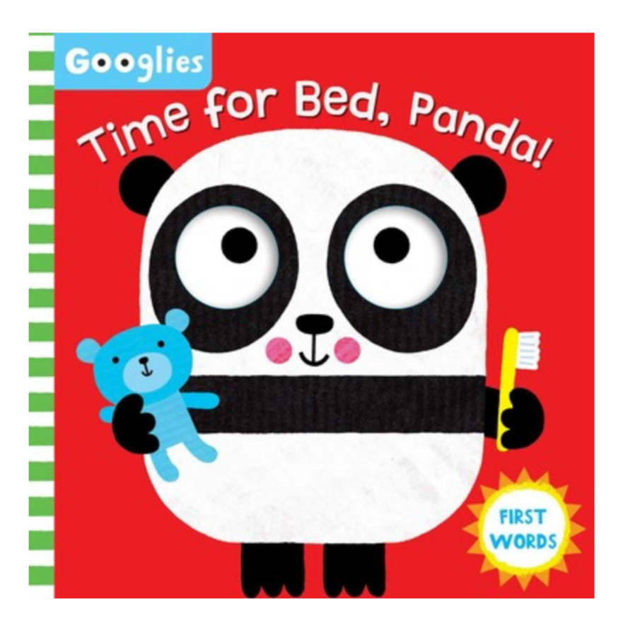A brightly colored board book cover featuring a cartoon panda with interactive googly eyes, holding a blue teddy bear, and text that says 'Time for Bed, Panda!' and 'First Words'.