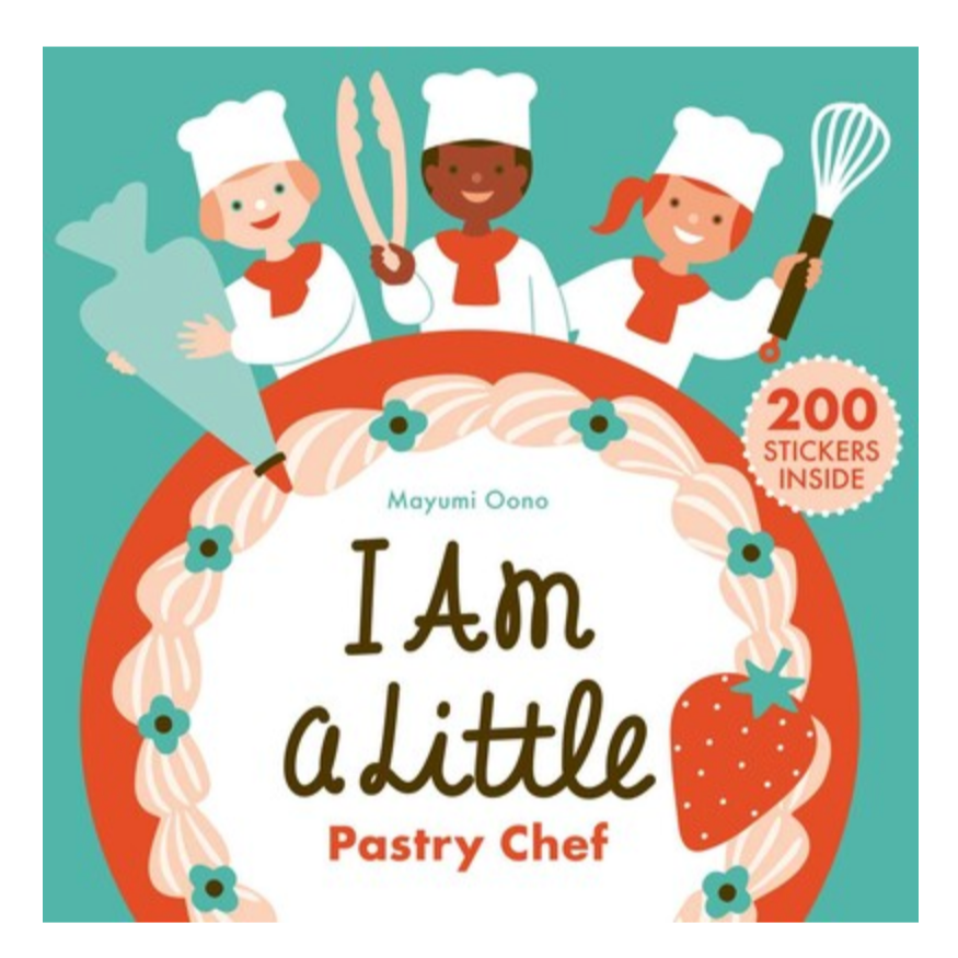 A children's book cover for 'I Am a Little Pastry Chef' featuring illustrations of two children in chef outfits with a pastry, and text indicating the book includes 200 stickers.