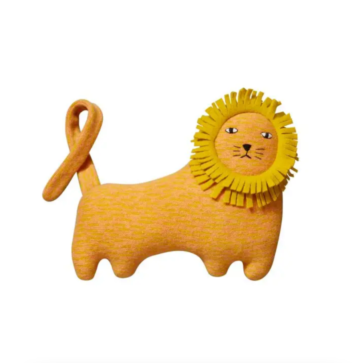 A plush toy in the shape of a lion with a yellow knitted body and a thick, felted mane.