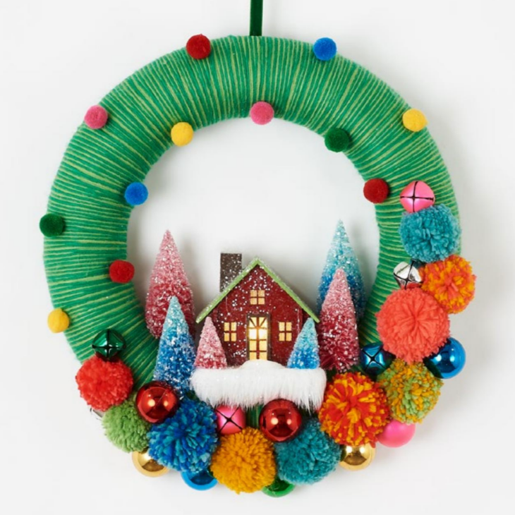 Colorful Pom Pom Wreath with Light up House