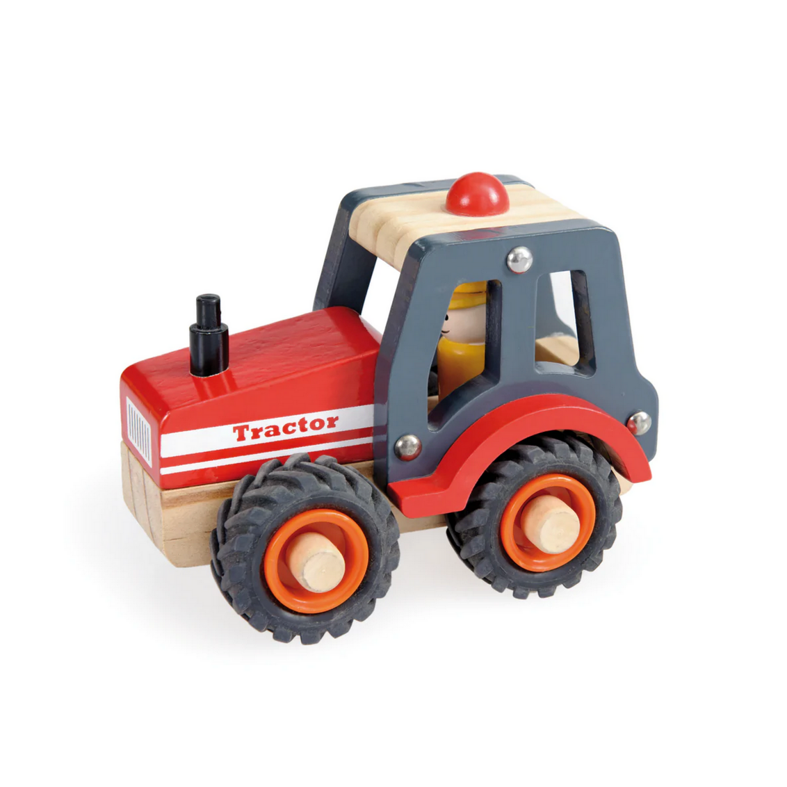 A wooden toy tractor with red and black coloring and orange wheels, designed for young children.