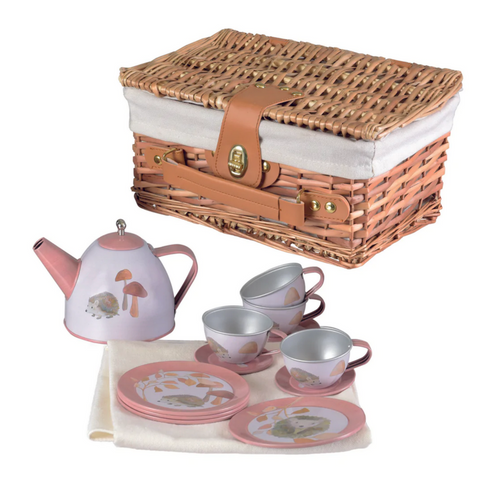 Hedgehog Tin Tea Set In a Wicker Case