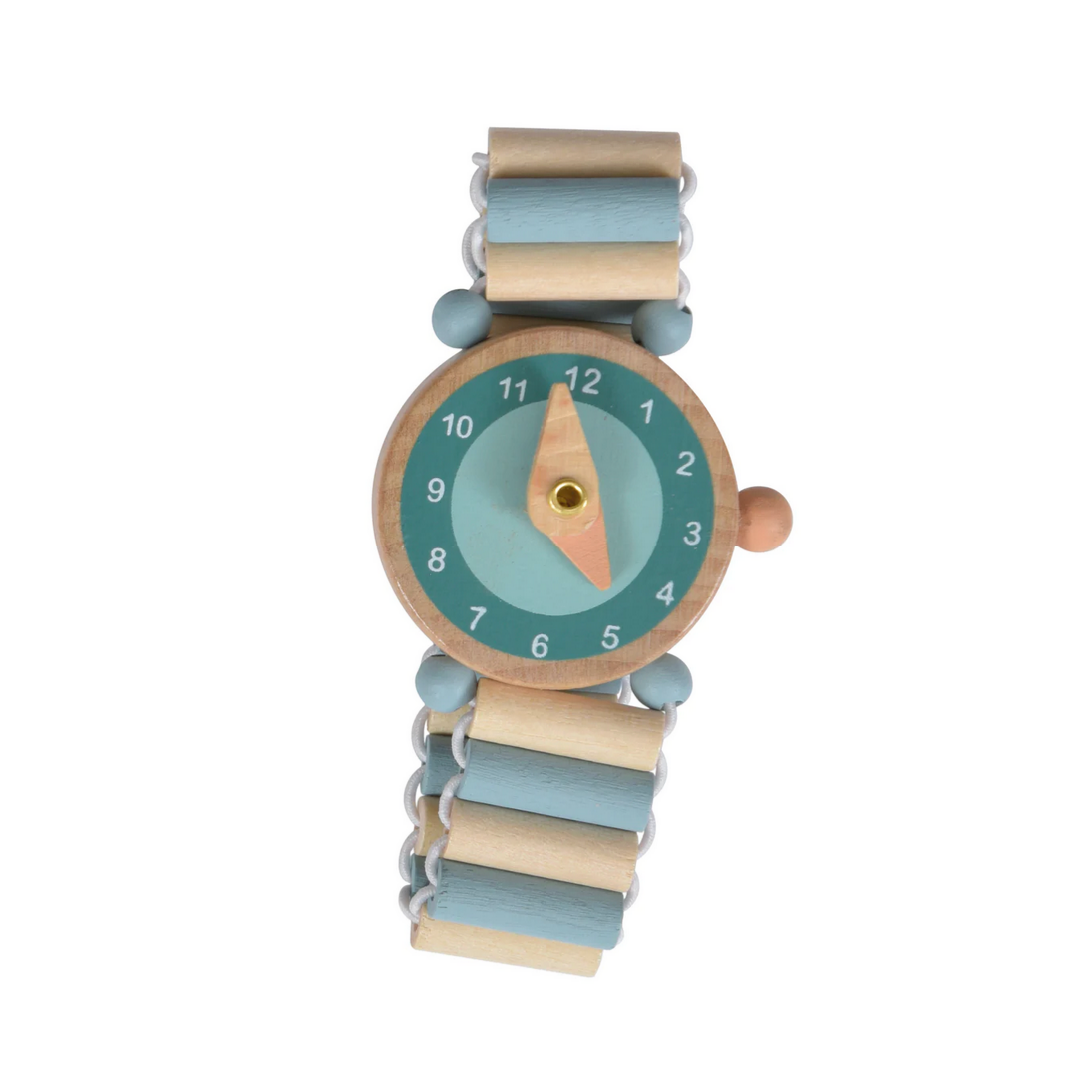 A wooden watch with a blue face, brown band, and moving hands, designed for children.