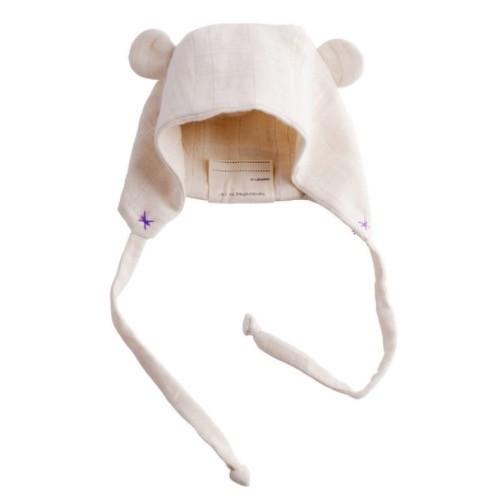 front view of bear hat with purple stitching