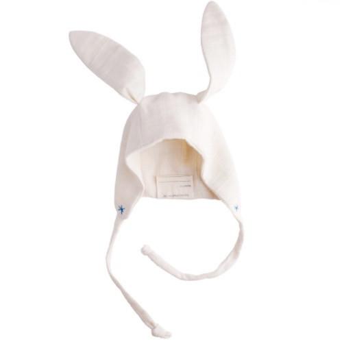 bunny bonnet with blue stitching