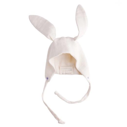 bunny bonnet with purple stitching