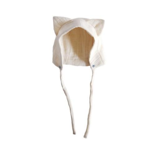 cat eared bonnet with blue stitching