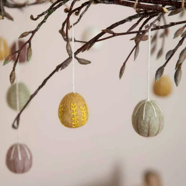 Felt Egg Ornaments -clay colors with garland embroidery -set of 3
