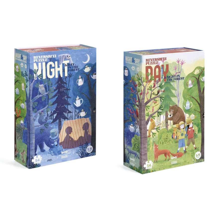 A reversible 54-piece puzzle box featuring illustrations of a forest at night and during the day, with various characters and animals inhabiting the forest.
