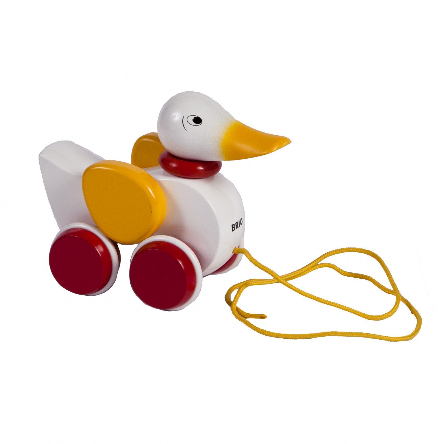 wooden yellow, white and red pull along duck with yellow string