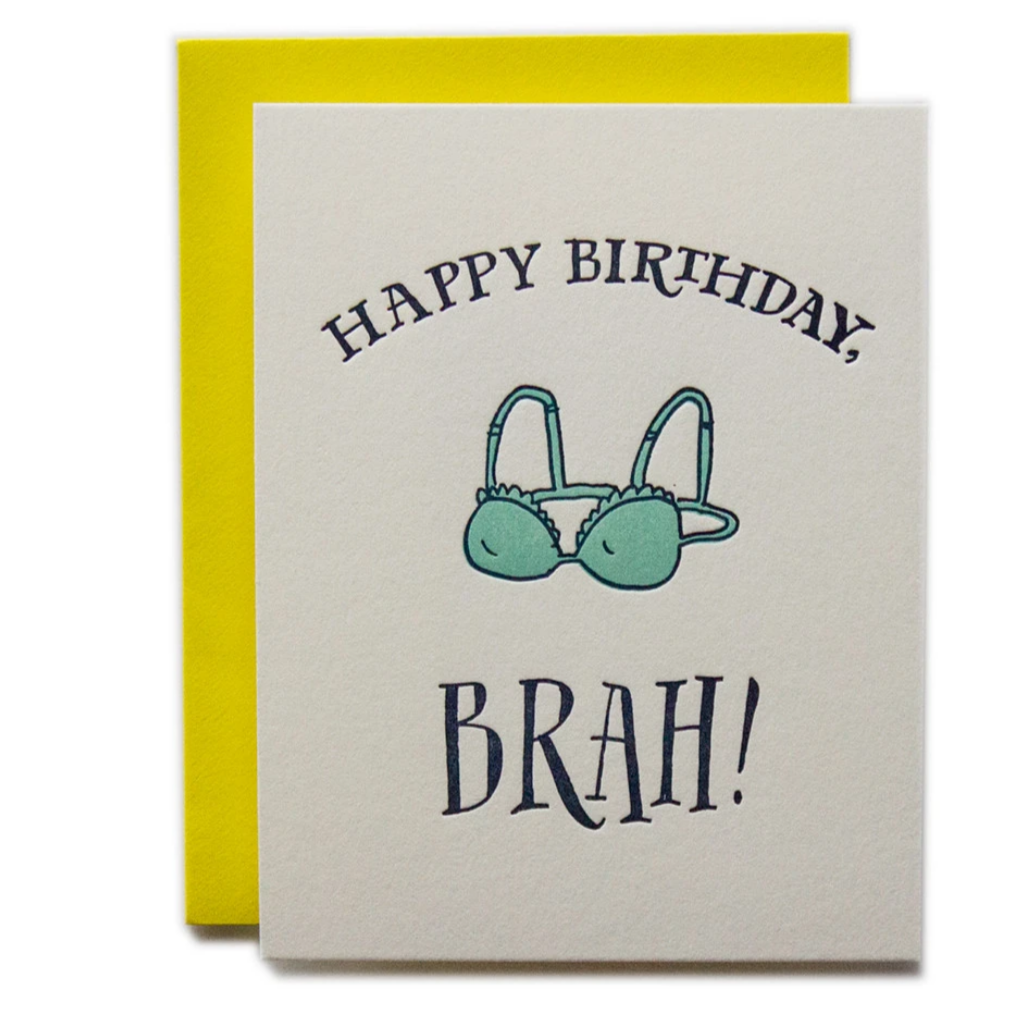 text says 'happy birthday brah' and illustration of a woman's bra 