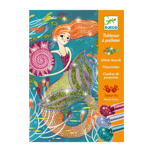 box with glittery mermaid showing different colored glitter vials