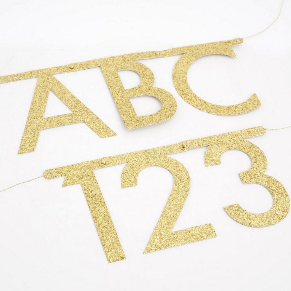 glod glitter letters A, B and C and numbers 1, 2 and 3 on string