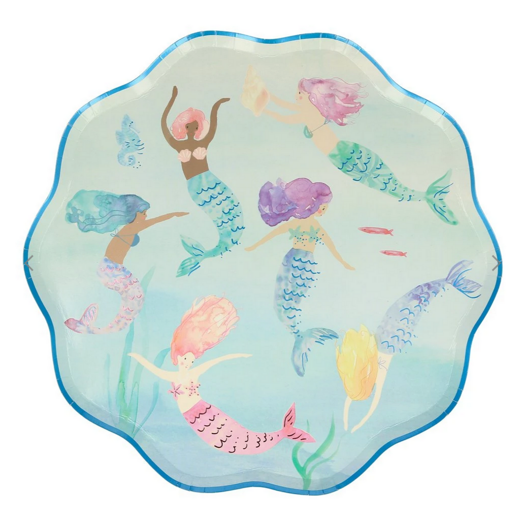 mermaids simming on blue plate