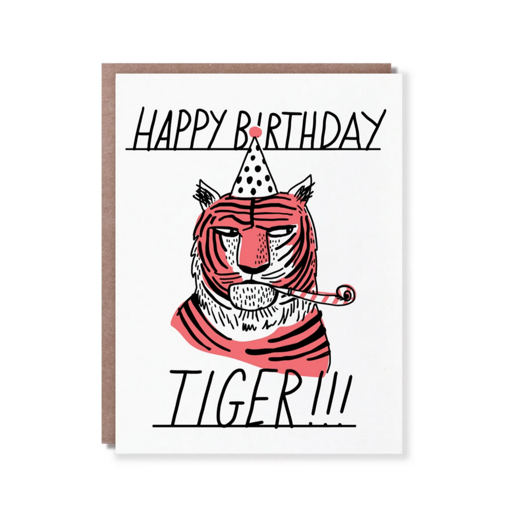 orange tiger with party hat and birthday horn with black text