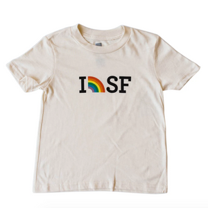 this is a cream shirt with an I rainbow SF printed across the chest