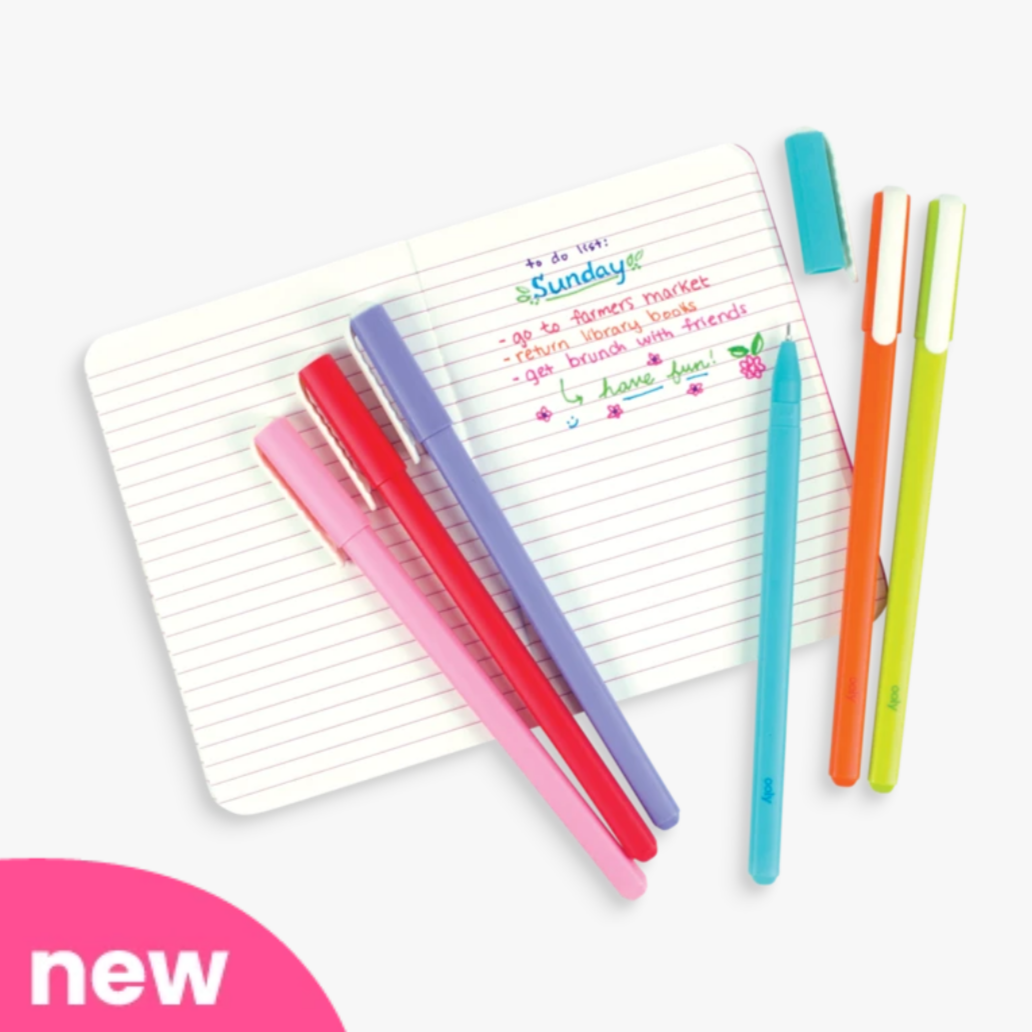 pink, red, orange, green, blue and purple fine line gel pens spread out and on top of written on notebook