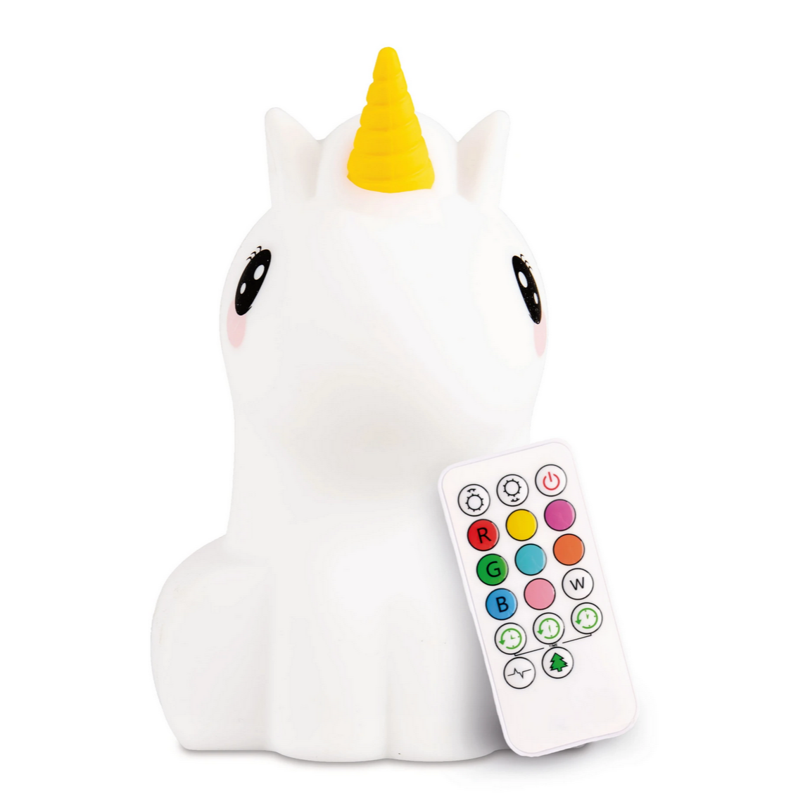 white unicorn light with yellow horn next to color remote control