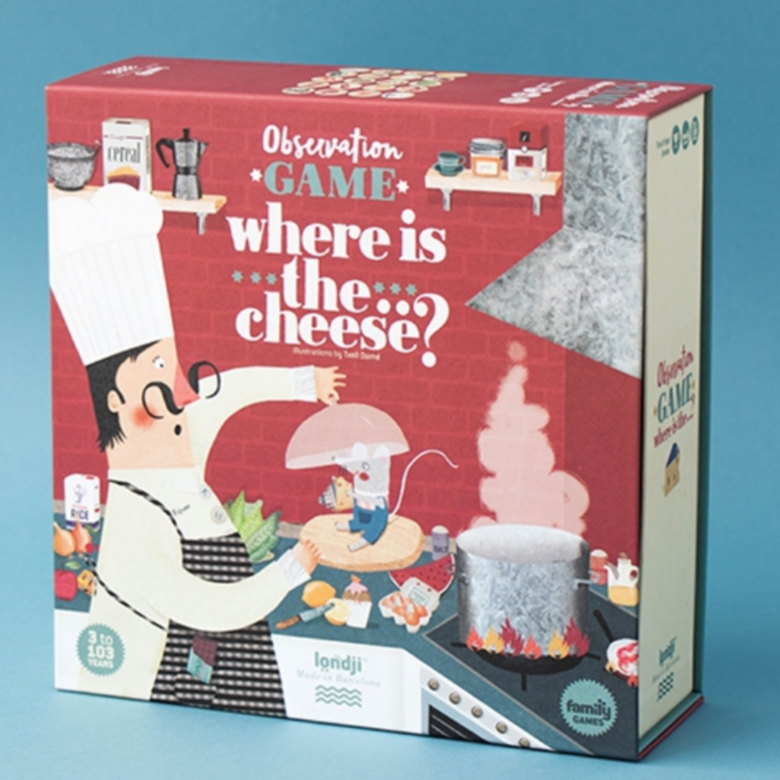 A cartoon illustration of a chef character in a red hat and white coat, opening a cardboard box packaging with 'WHERE IS THE CHEESE?' written on it, along with various kitchen items and a cartoon mouse.