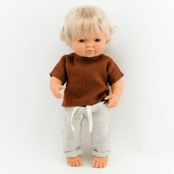 Ochra Linen Shirt with Striped Linen Pants (Two Piece Set): fits 15" Miniland Dolls