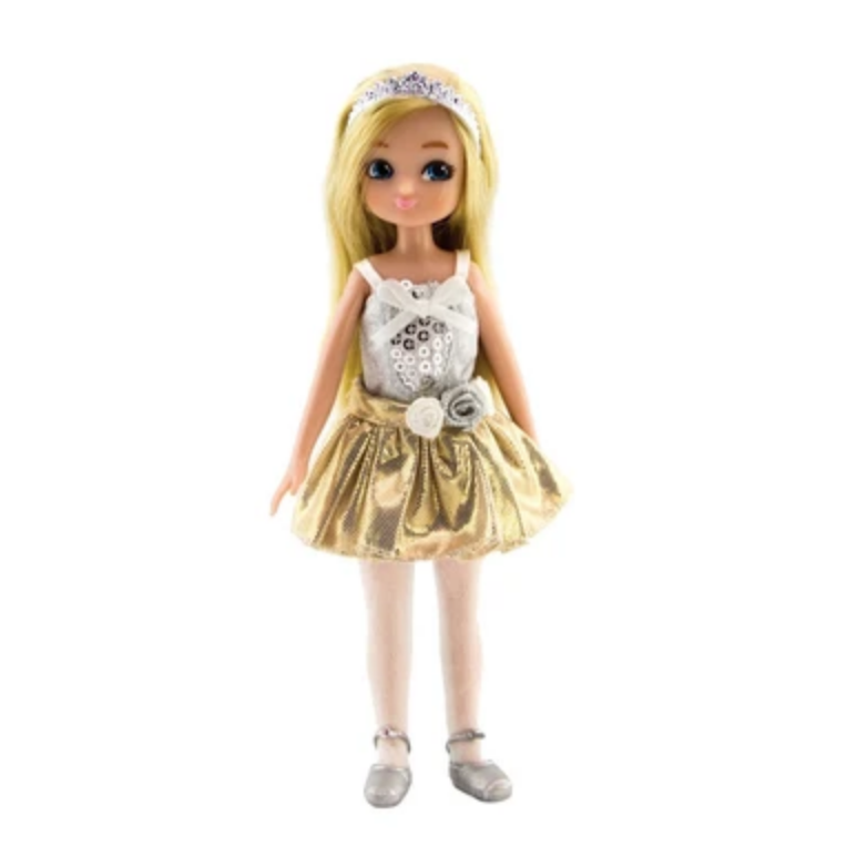 A sparkly gold Lottie doll with a silver tiara and ballet shoes, designed for children's imaginative play.