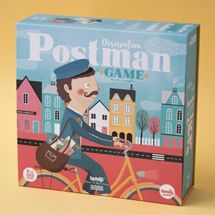 A colorful box of the 'Postman: Observation Game' featuring an illustration of a postman on a bicycle in front of a house, with a stylized cityscape background.