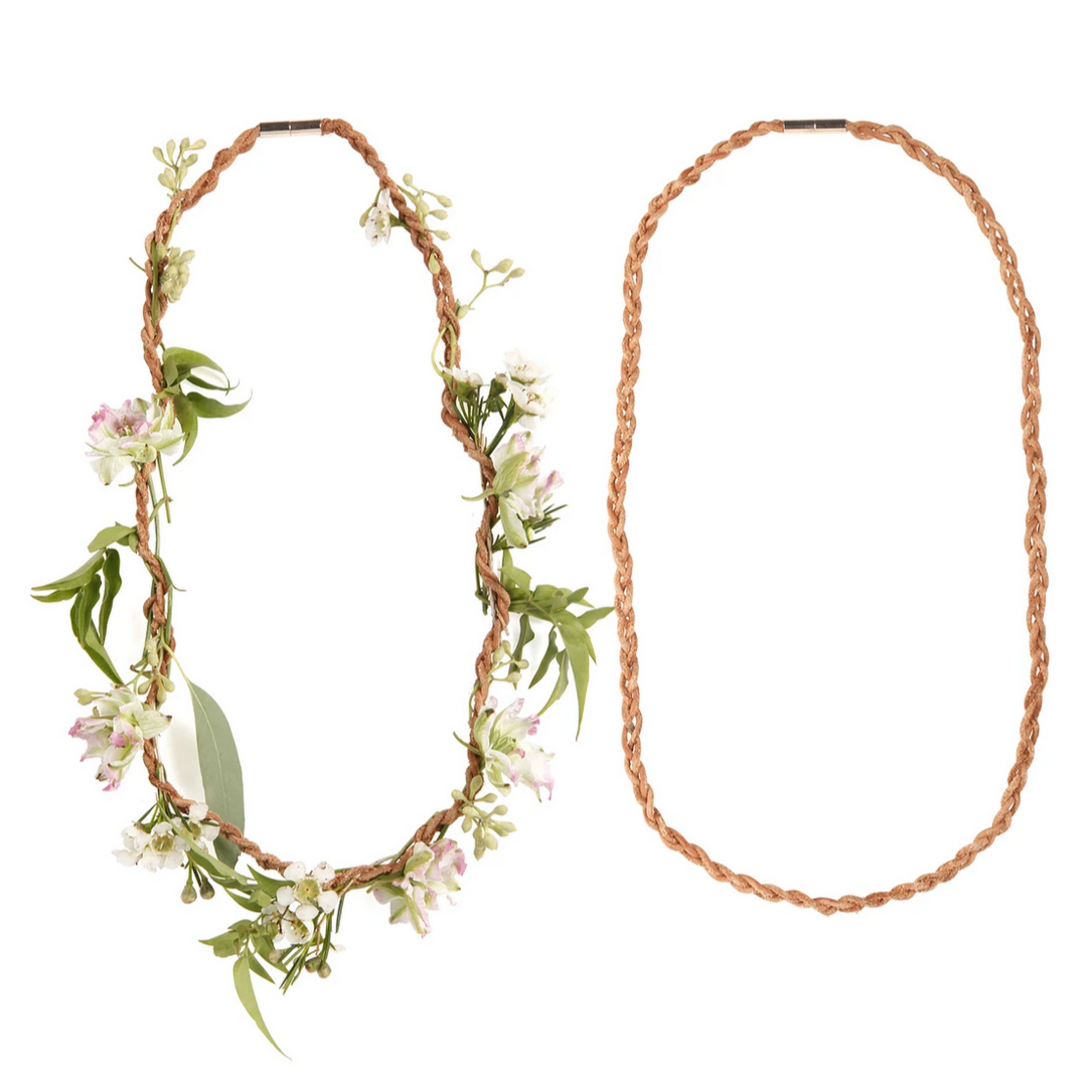 a braided flower necklace with and without the added fresh flowers