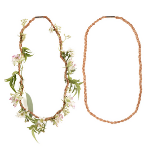 a braided flower necklace with and without the added fresh flowers