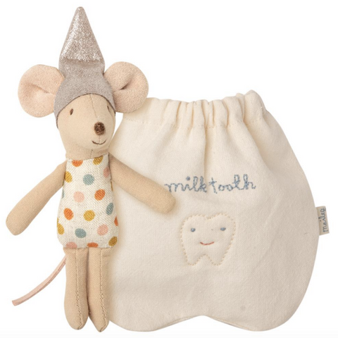 mouse with silver pointy hat and spotted clothes next too tooth bag