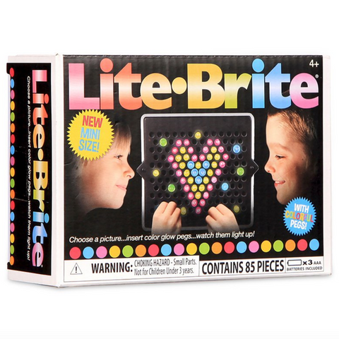 box with two kids and lite brite board