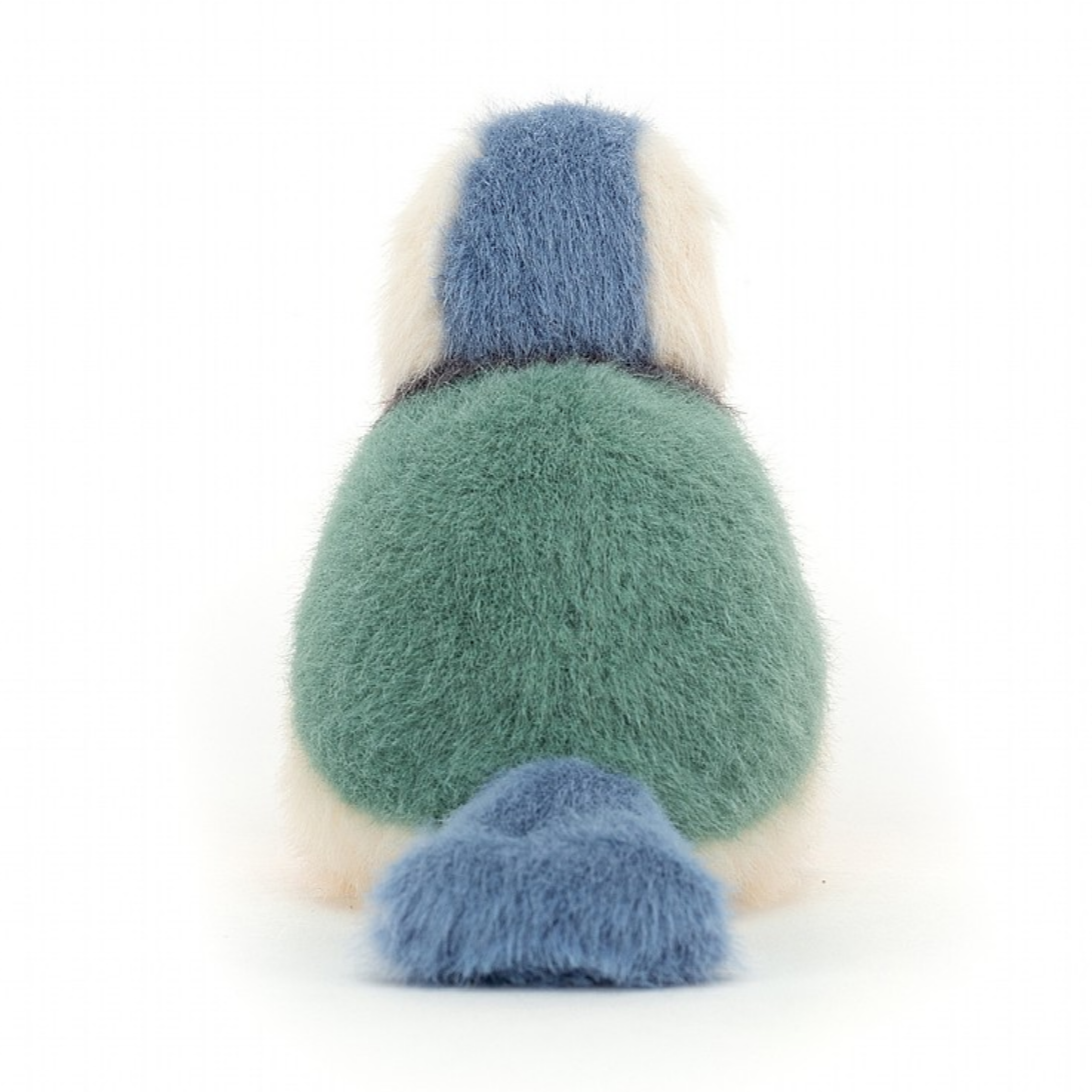 back view of jellycat plush of blue, white and yellow Blue tit birdling