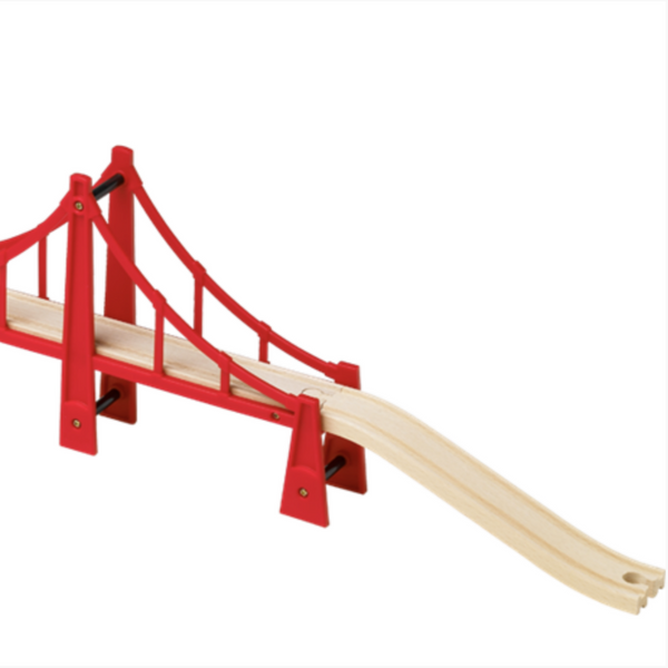 red plastic golden gate bridge with wooden train track track that swoops to the ground and can be attached to another track
