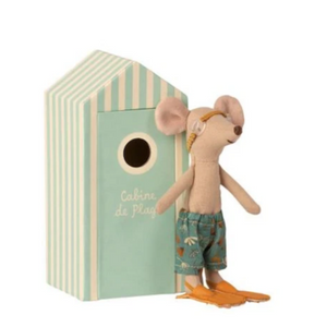big brother mouse with swimsuit and goggles and flippers standing outside of dressing room box