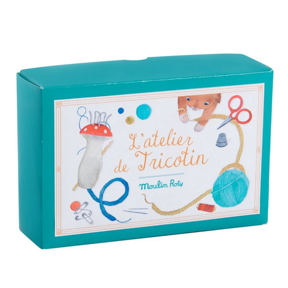 knitting kit box with cat playing with yarn