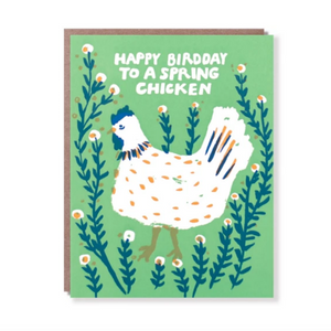 green card with a chicken in flowers and white text