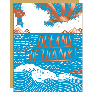 card with ocean and golden sunrise that reads "ocean of thanks"
