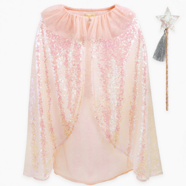 pink sequined cape with pink tulle collar with white star wand with silver tassle