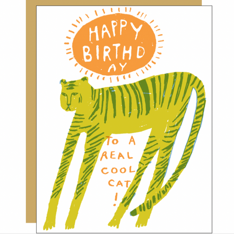 elongated tiger card with sun that reads "happy birthday to a real cool cat!"