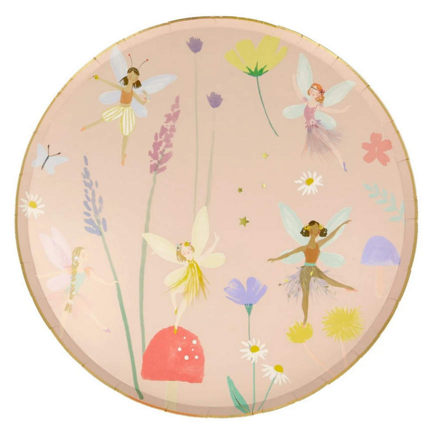 paper plates with playful illustrations of faries, flowers and other plants
