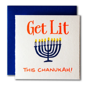 ILLUSTRATION OF A MENORAH TEXT READS 'GET LIT THIS CHANUKAH'