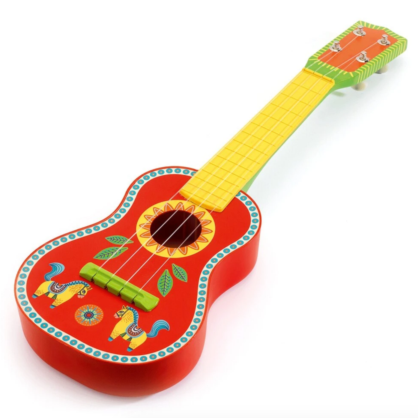 red ukulele with painted horses and leaves