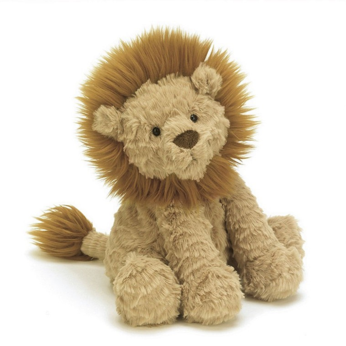 A plush toy resembling a lion with a soft brown color and a fluffy mane.