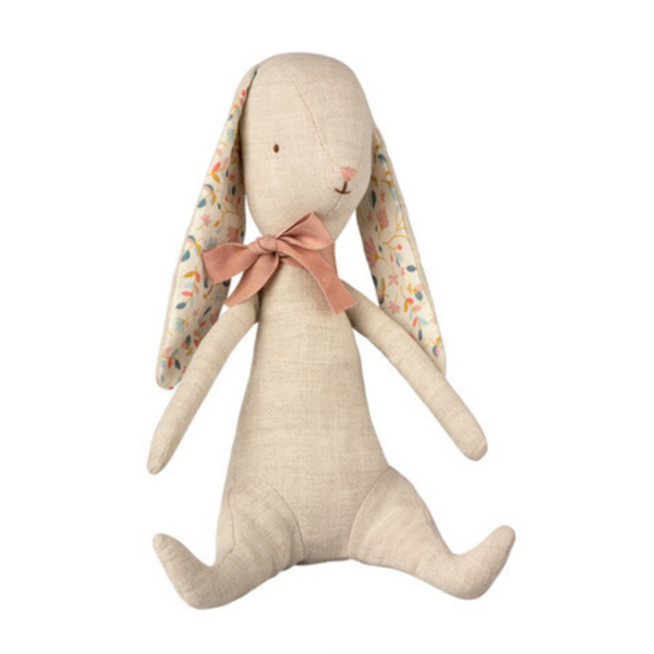 linen bunny with pink bow and floral pattern inside ears