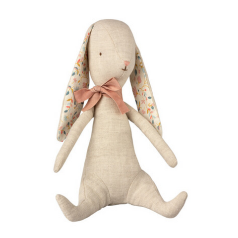 linen bunny with pink bow and floral pattern inside ears
