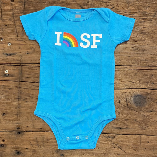 bright aqua blue colored onesie with I (picture of a rainbow) SF written across the top