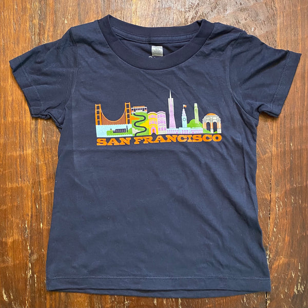 dark blue shirt with iconic San Francisco icons and words that say San Francisco written below pictures