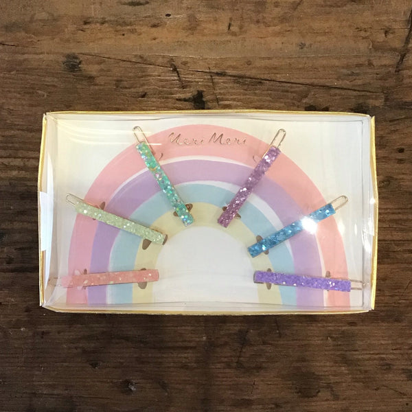 glitter rainbow hair clips in packaging