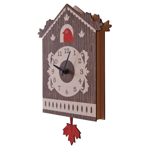 side view of wooden clock featuring wood grain and a red bird with swinging red maple leaf on pendulum
