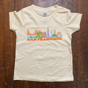 cream shirt with iconic San Francisco icons and words that say San Francisco written below pictures