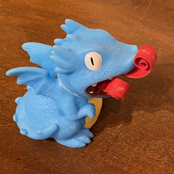 blue dragon with curled up fire in mouth